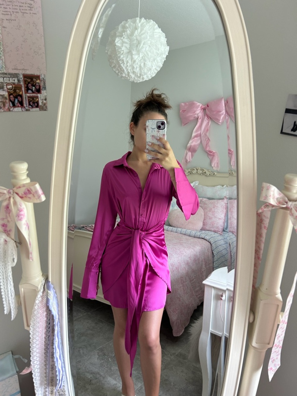 Fuchsia Long-Sleeve Tie-Front Mini Shirt Dress